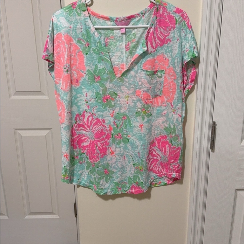 Lilly Pulitzer Pink and Green Floral V-Neck Blouse